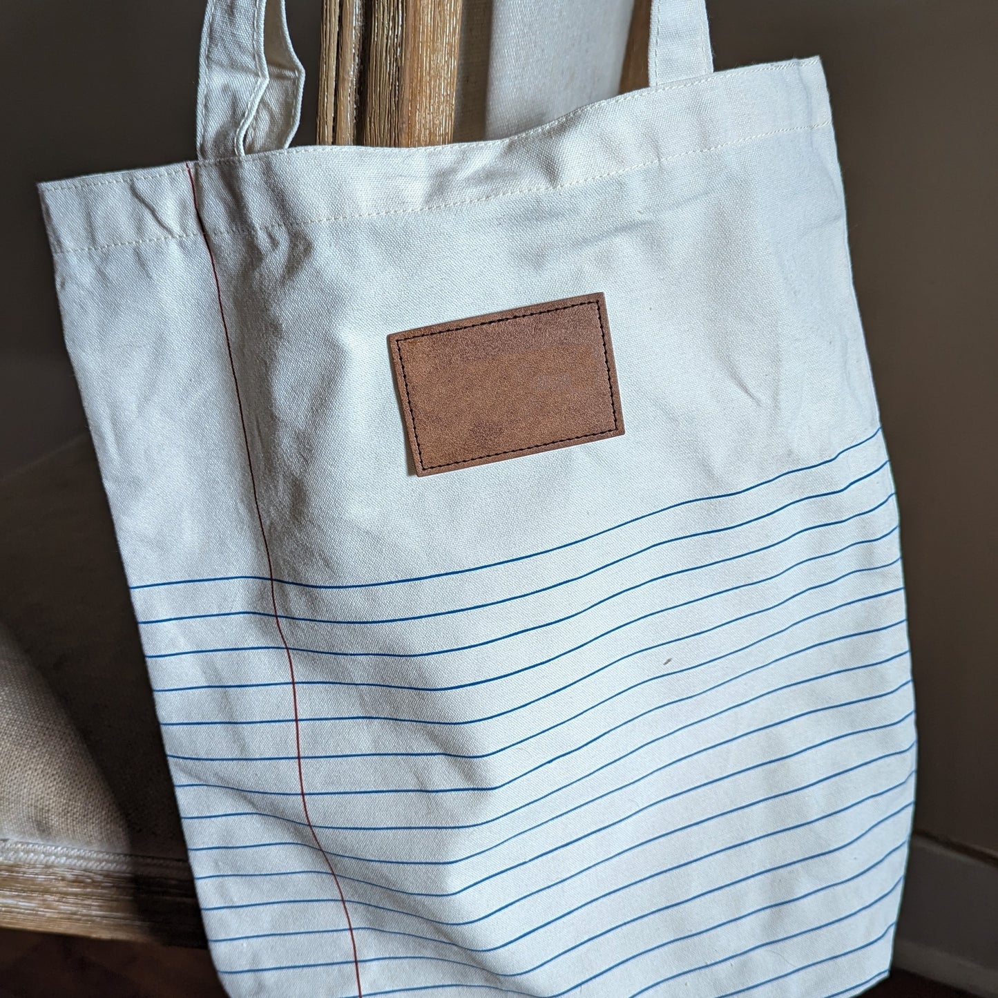 Custom Teacher Tote Bag with Lined Paper Print and Engraved Leatherette Patch