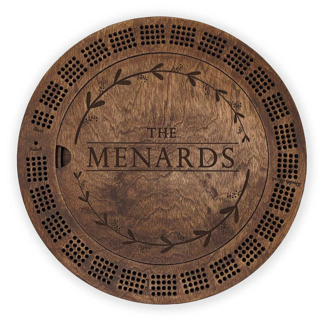 Custom Engraved Round Cribbage Board with Storage