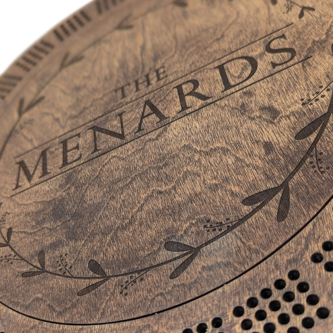 Custom Engraved Round Cribbage Board with Storage