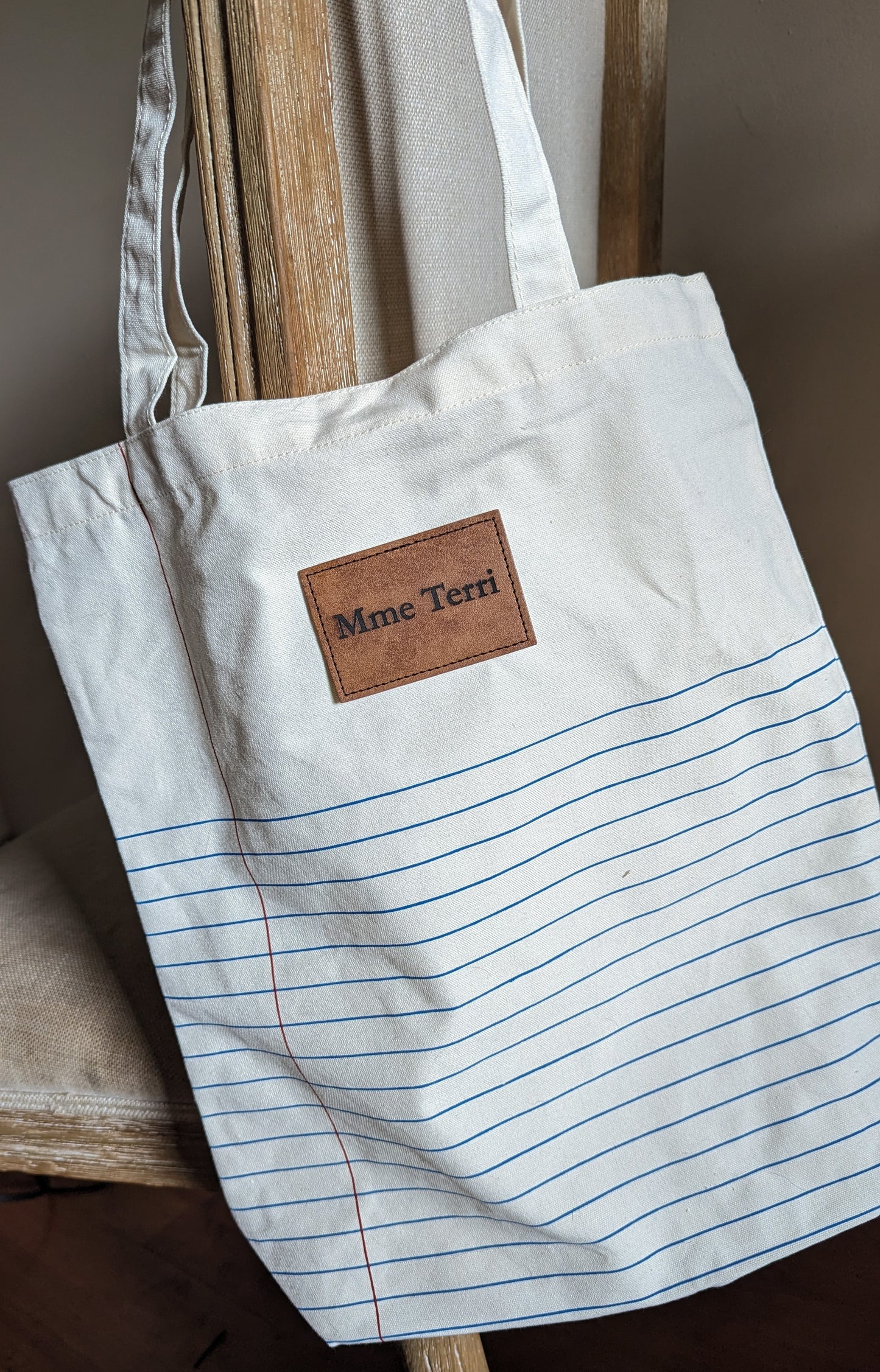 Custom Teacher Tote Bag with Lined Paper Print and Engraved Leatherette Patch