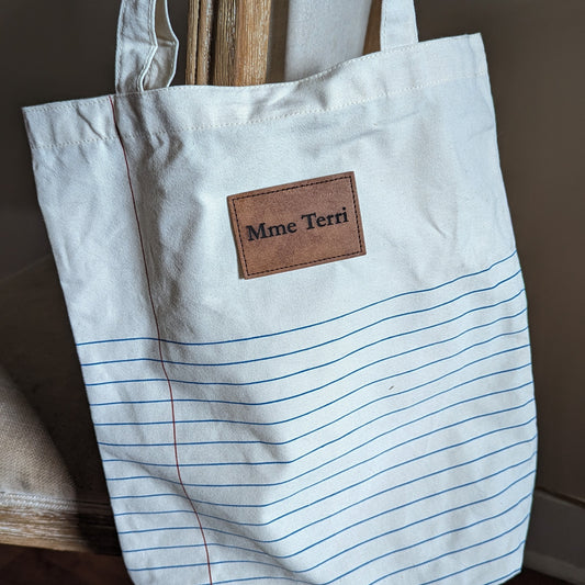 Custom Teacher Tote Bag with Lined Paper Print and Engraved Leatherette Patch