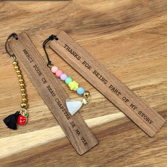 Custom Engraved Wooden Bookmark for Teachers with Beaded Details