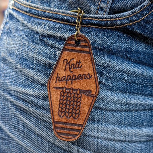 Leather Keychain cut and engraved to look like a vintage motel key with Knit Happens engraved on it.