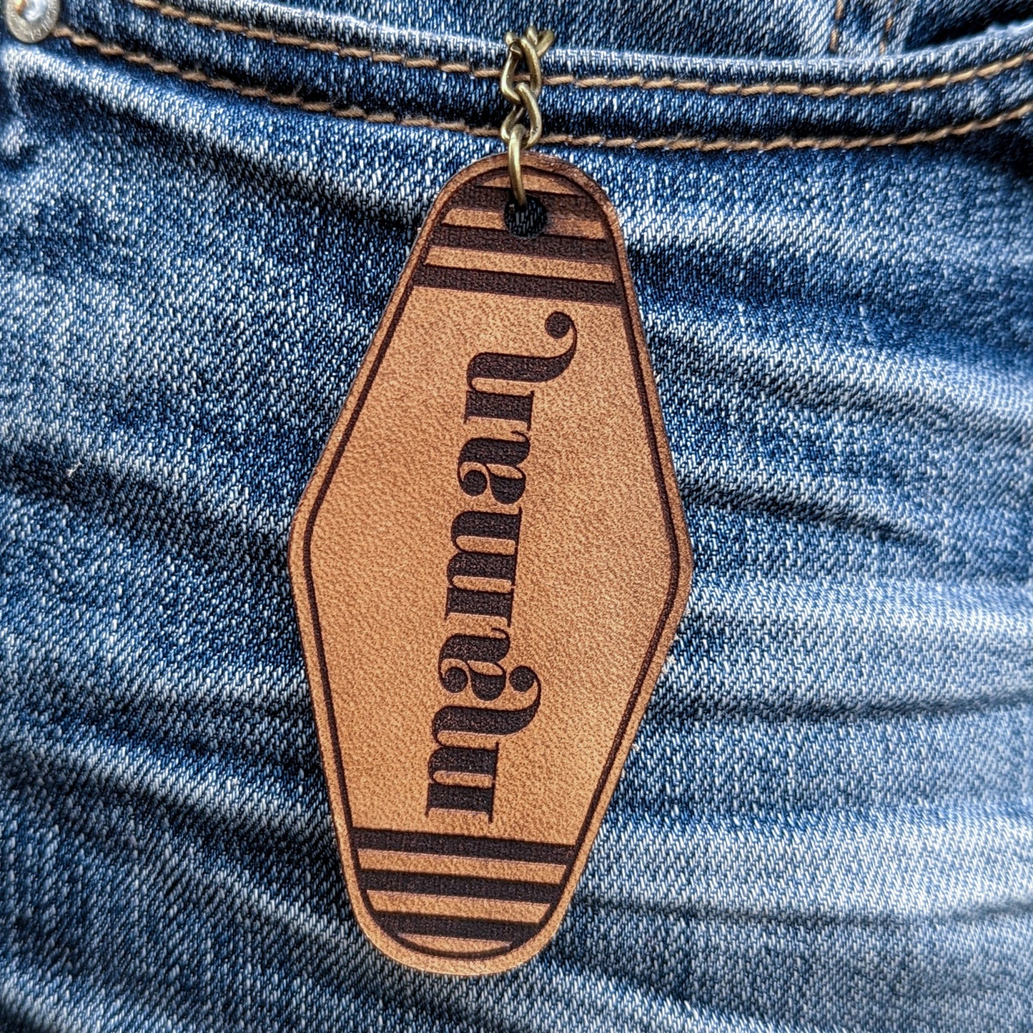 Leather Keychain cut and engraved to look like a vintage motel key with Maman engraved on it.