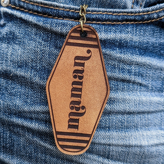 Leather Keychain cut and engraved to look like a vintage motel key with Maman engraved on it.