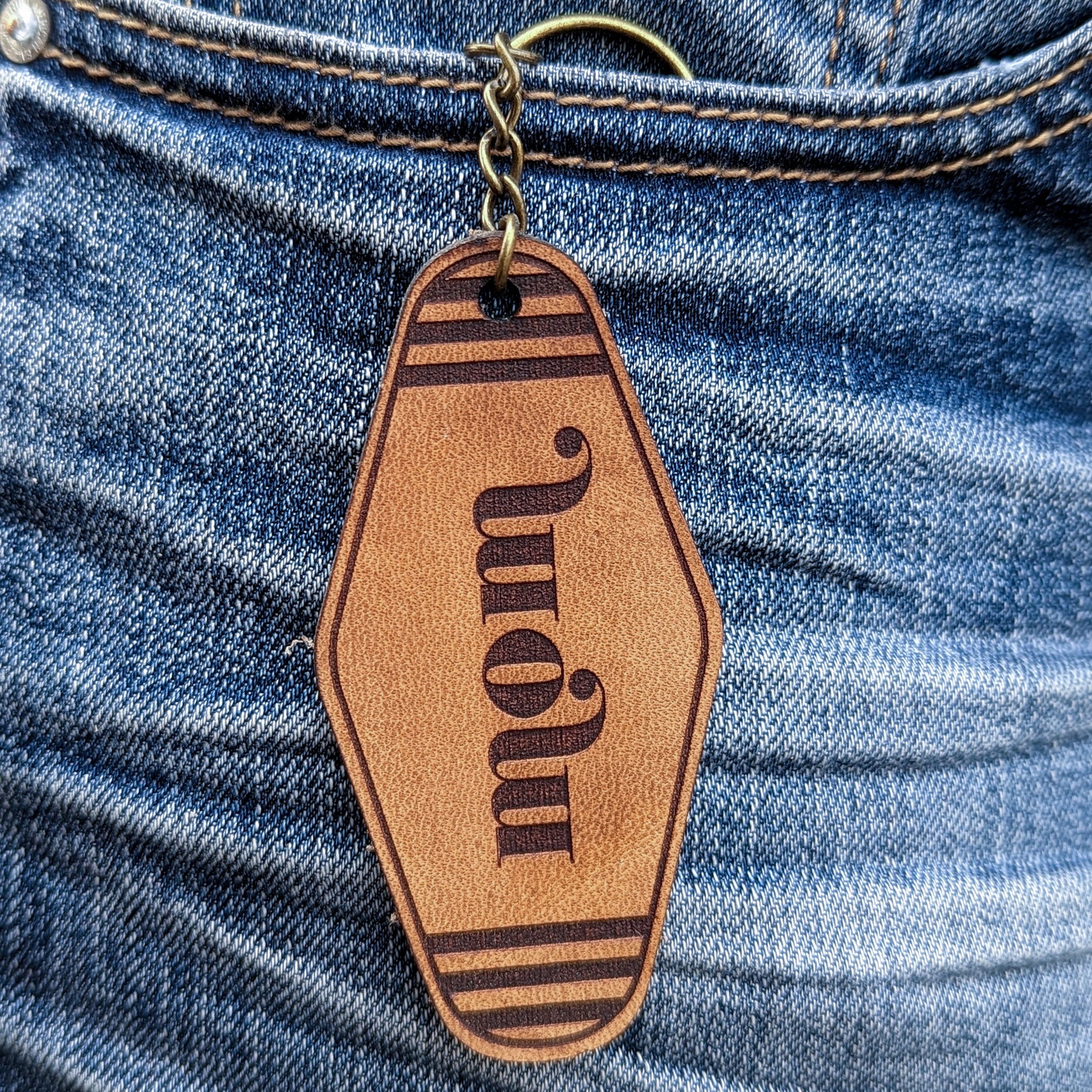 Leather Keychain cut and engraved to look like a vintage motel key with Mom engraved on it.