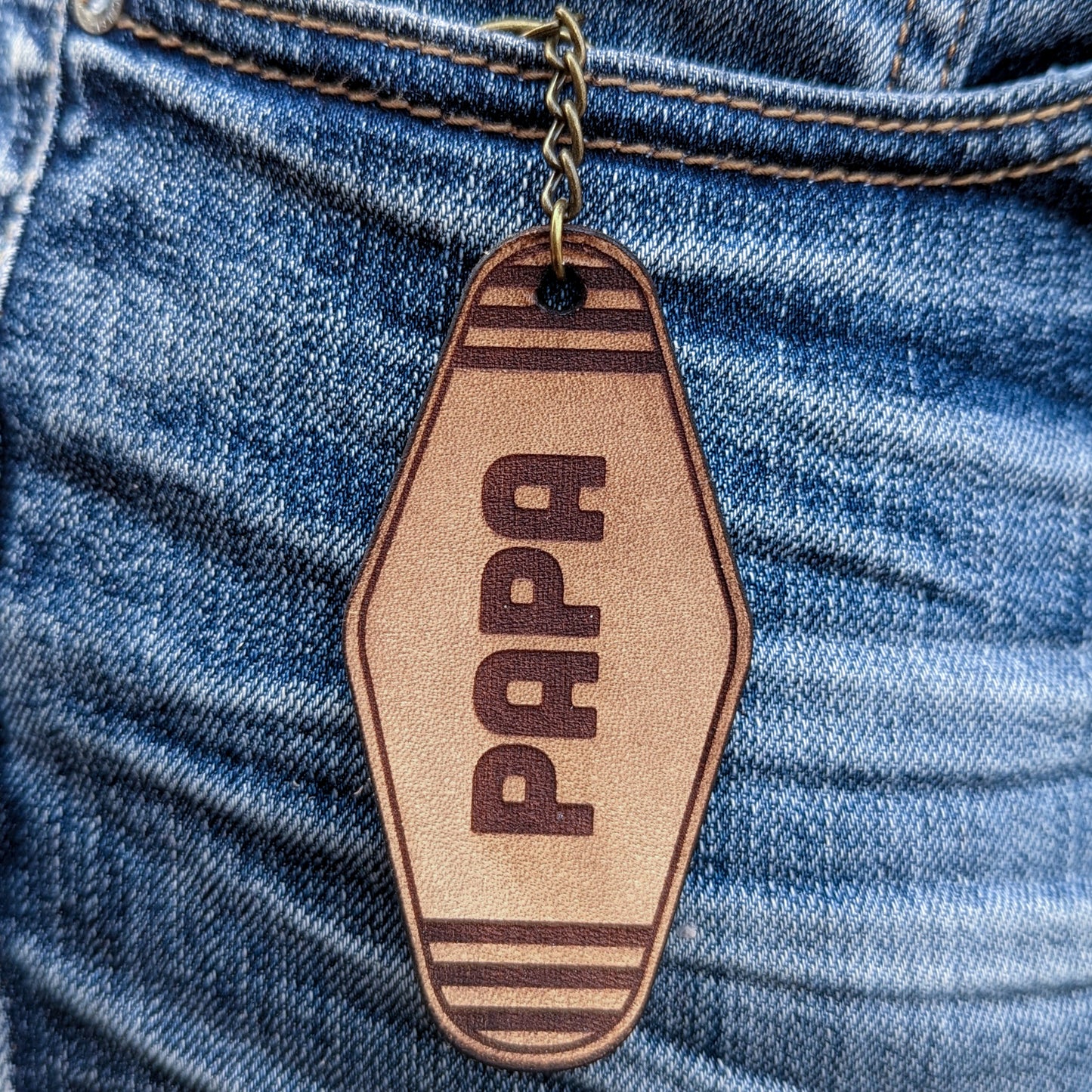 Leather Keychain cut and engraved to look like a vintage motel key with Papa engraved on it.